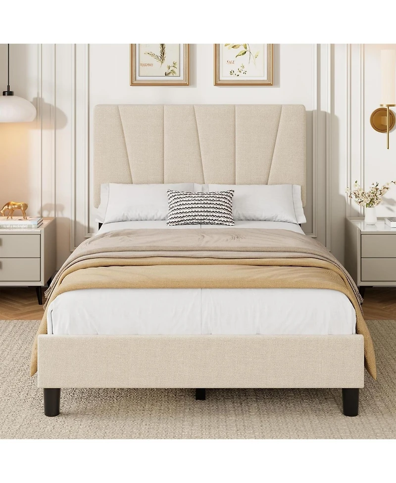gaomon Bed Frame with Adjustable Headboard, Linen Upholstered Platform Bedframe with Strong Wooden Slats, Mattress Foundation