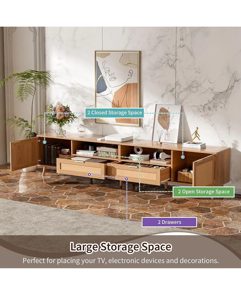 sumyeg Rattan Cabinet Tv Stand for TVs up to 90", Modern Farmhouse Media Console with Solid Wood Legs