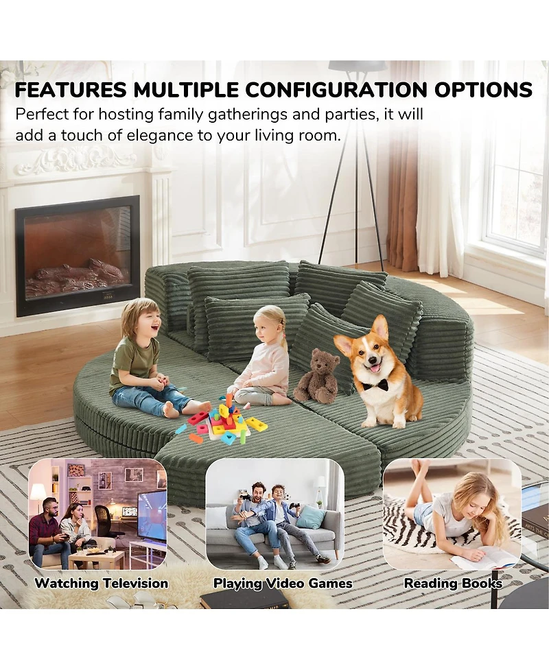 Streamdale Furniture 78.5-Inch Corduroy Semi-Circular 2-in-1 Sofa Bed with Neck Pillow & 5 Throw Pillows