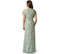 Adrianna Papell Women's Bead Flutter-Sleeve Midi Mesh Dress