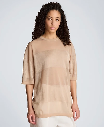 Kenneth Cole Women's Shiny Semi-Sheer Stripe Crewneck Top