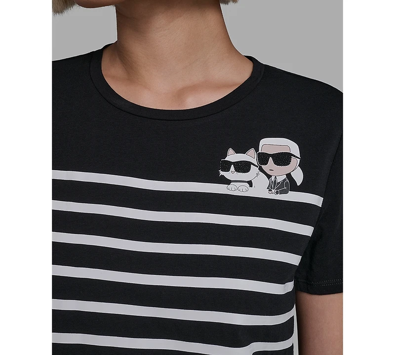 Karl Lagerfeld Paris Women's Short-Sleeve Striped Logo T-Shirt