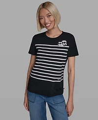 Karl Lagerfeld Paris Women's Short-Sleeve Striped Logo T-Shirt