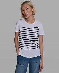 Karl Lagerfeld Paris Women's Short-Sleeve Striped Logo T-Shirt
