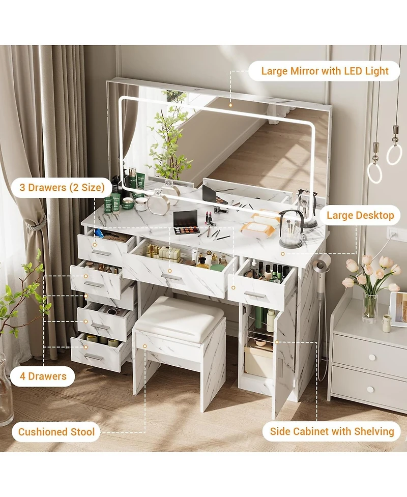 gaomon Makeup Vanity Desk with Large Lighted Mirror,3 Light Modes, Brightness Adjustable, 7-Drawer Dressing Table with Hairdryer Holder