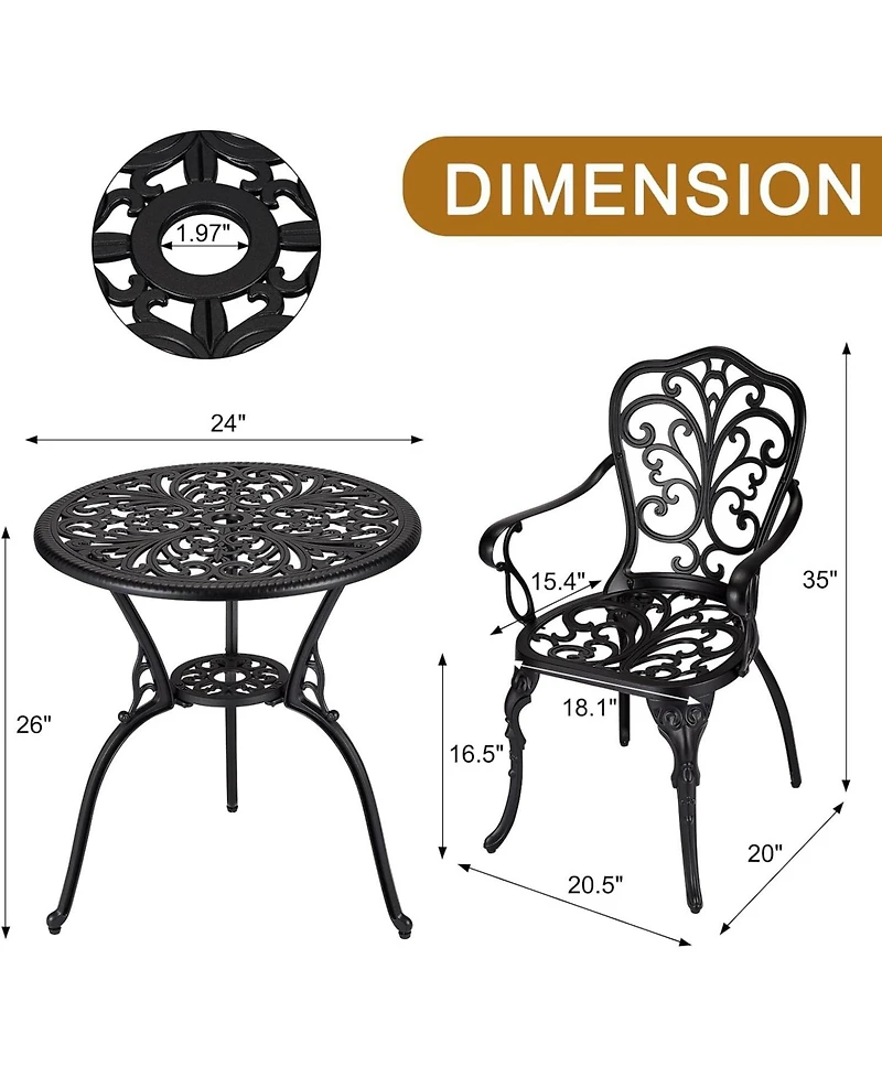 gaomon Patio Bistro Sets 3 Piece Outdoor Cast Aluminum Patio Bistro Set, Patio Table and Chairs Set of 2 with Umbrella Hole for Yard, Garden