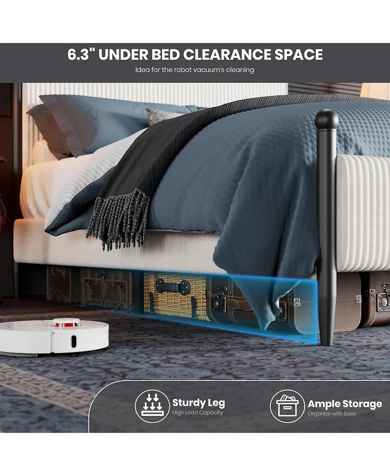 gaomon Velvet Corduroy Fabric Bed Frame, Plywood and Iron Construction, Cone-Shaped Iron Foot