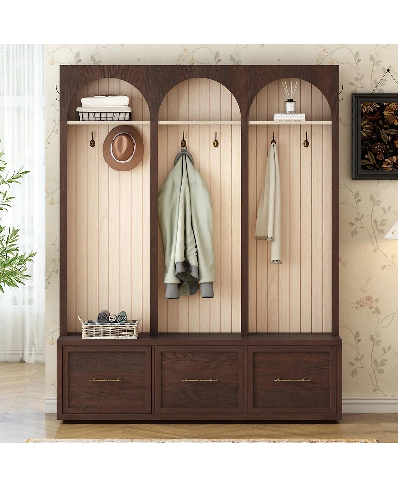 Streamdale Furniture Farmhouse Arched Hall Tree Bench with Drawers