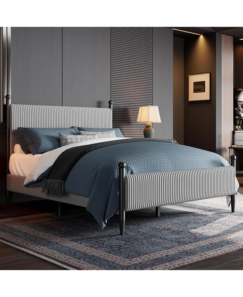 gaomon Velvet Corduroy Fabric Bed Frame, Plywood and Iron Construction, Cone-Shaped Iron Foot