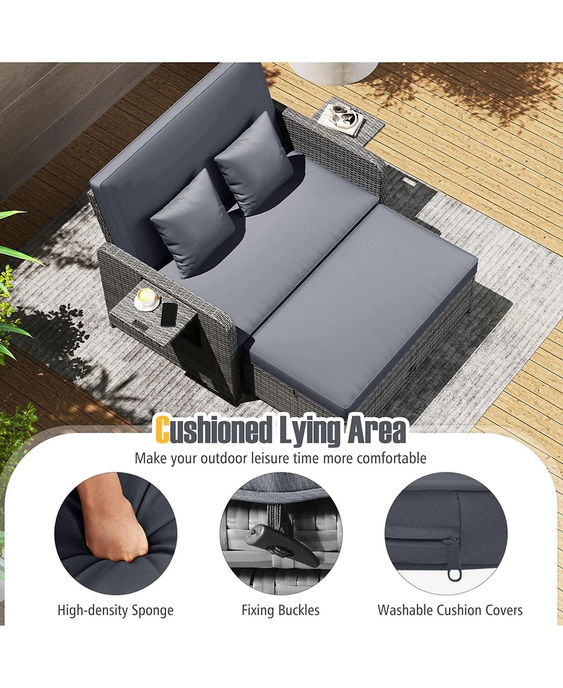 Gymax Patio Daybed Set Rattan Loveseat Sofa Set w/ Adjustable Backrest Cushions