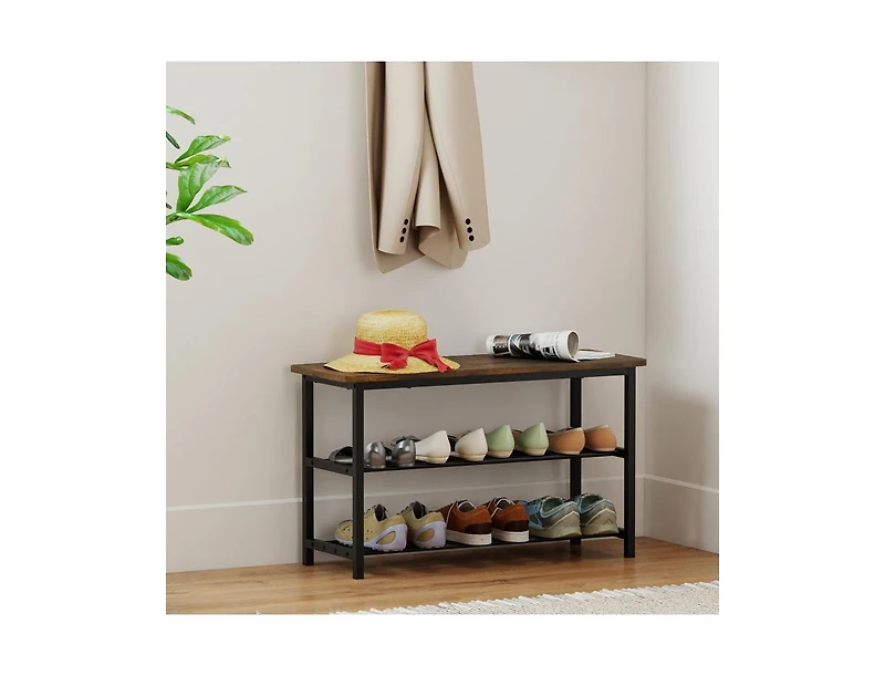 Slickblue 3-Tier Shoe Rack Bench with Metal Shelves & Wooden Seat