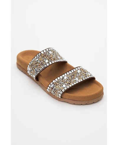 Forever & Always Shoes Women's Jamie Leather Double Strap Slide Sandal with Stones