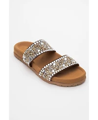 Forever & Always Shoes Women's Jamie Leather Double Strap Slide Sandal with Stones