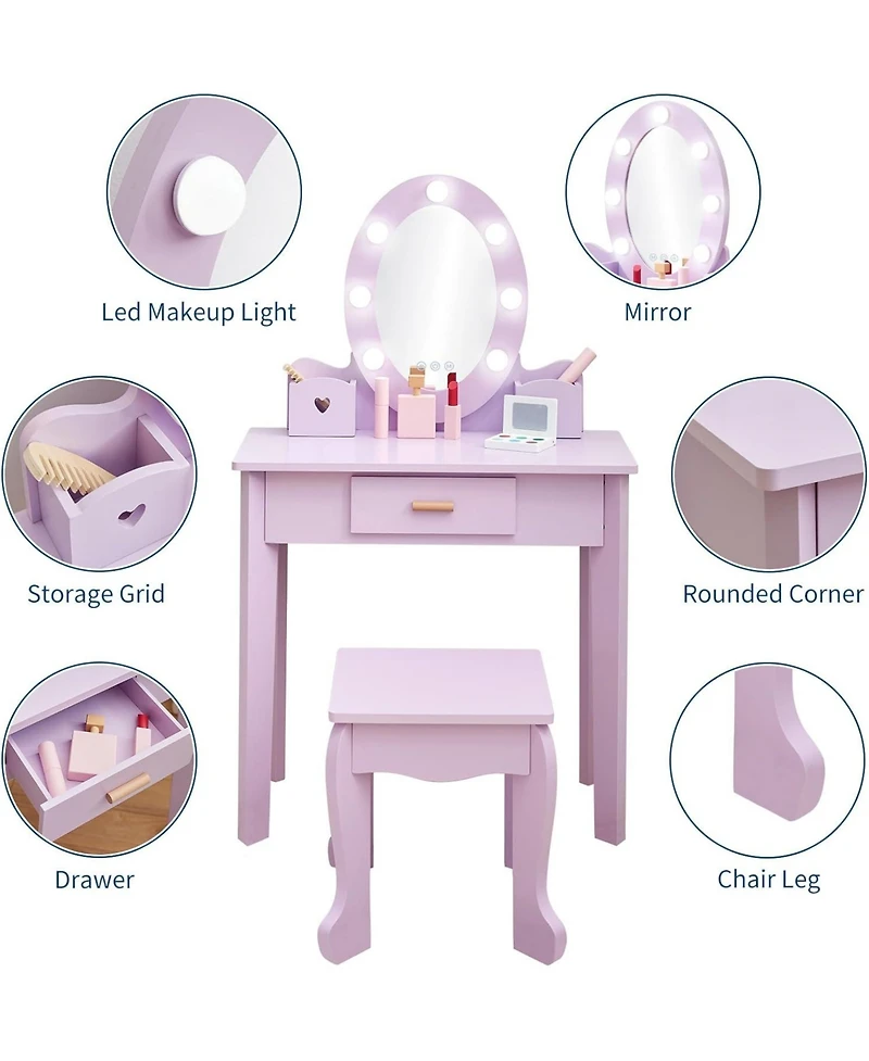 gaomon Toddler Lighted Vanity and Stool Set,Girls Perfect Gift Makeup Pretend Play Table.