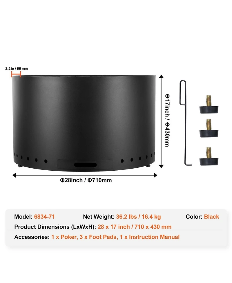 Ecooso 28-Inch Wood Burning Fire Pit with Removable Ash Pan, Stainless Steel Construction