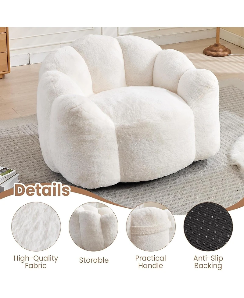 Rainsken Large Bean Bag Chair, Faux Fur Reading Sofa Chair with Petal Backrest and Pull Ring, Oversize Reading Chair for Bedroom