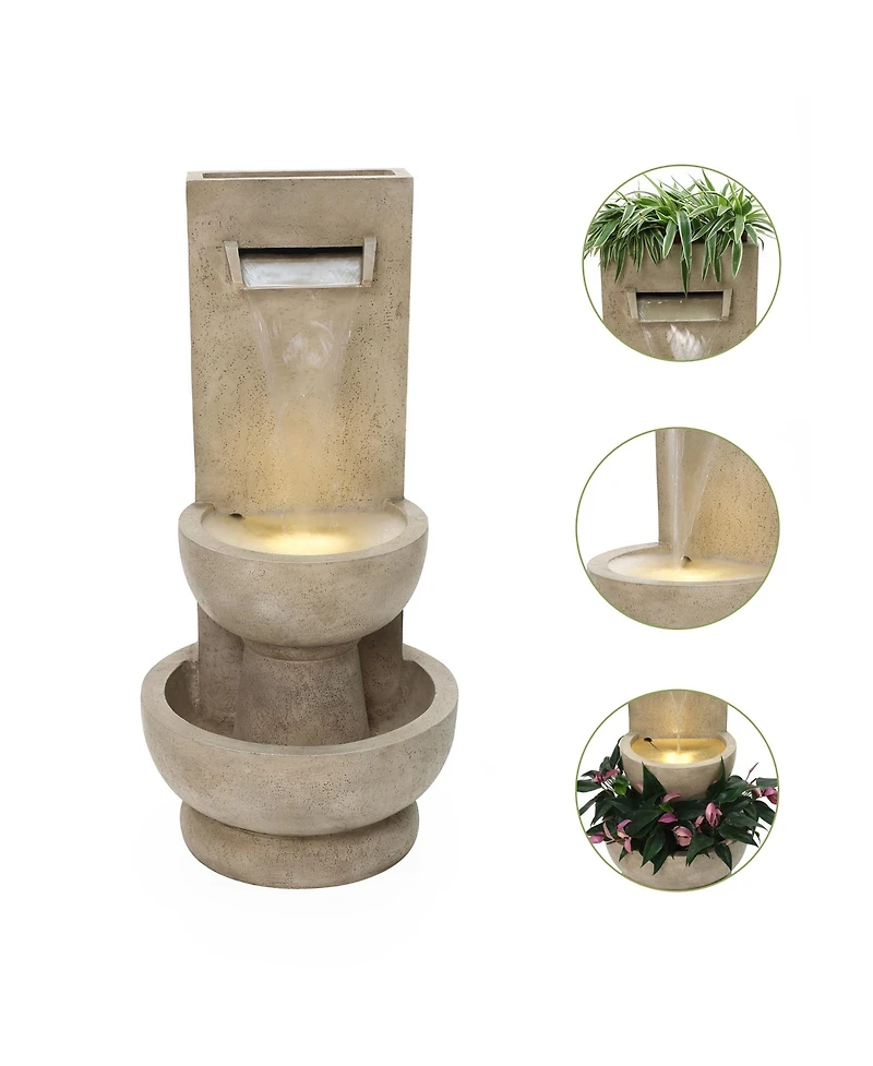 LuxenHome Tall Polyresin Fountain with Planter, Lighted Outdoor Water Feature