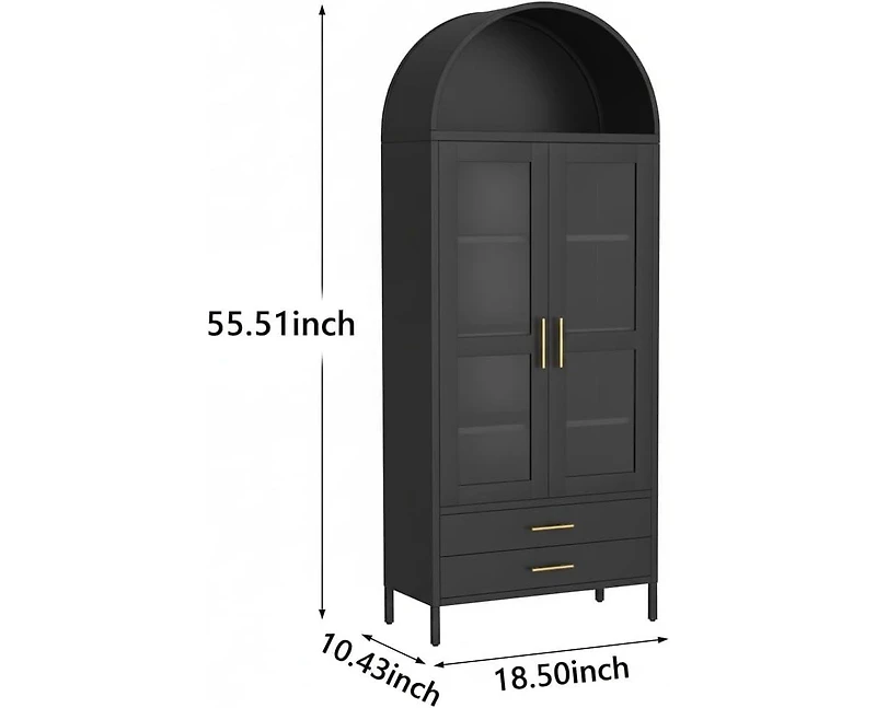 gaomon 55" Tall Kitchen Pantry Cabinet, Arched Display with Glass Doors, 2 Drawers & Adjustable Shelves for Living, Dining Room
