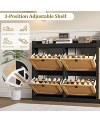 gaomon Shoe Cabinet Rattan with 4 Flip Drawers, Wooden Freestanding Organizer Adjustable Shelves, Storage for Entryway, Closet