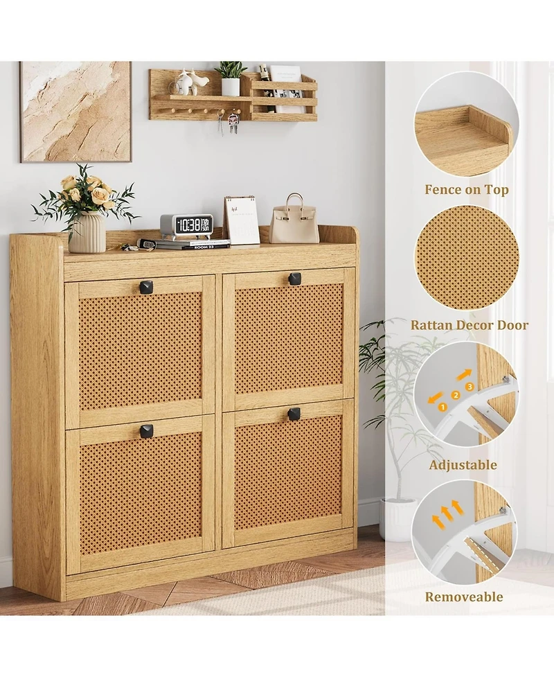 gaomon Shoe Cabinet Rattan with 4 Flip Drawers, Wooden Freestanding Shoe Organizer with Adjustable Shelves, Shoe Storage for Entryway, Closet