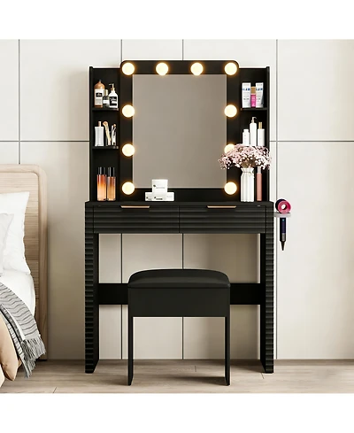 Rainsken Mirror With 10 Led Bulbs Fluted Front Feature Makeup Vanity Desk Set