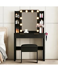 Rainsken Mirror With 10 Led Bulbs Fluted Front Feature Makeup Vanity Desk Set