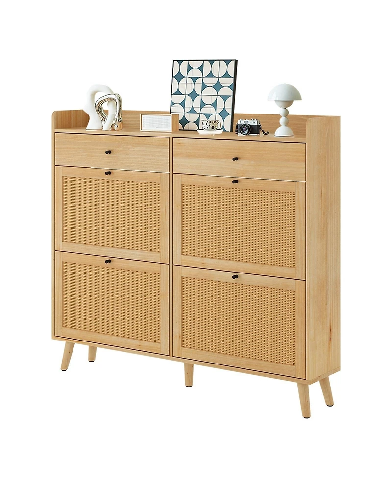 Homfan Shoe Cabinet Storage with 4 Flip Drawers, Rattan Narrow Shoe Rack Cabinet Storage for Entryway Hallway Living Room Closet