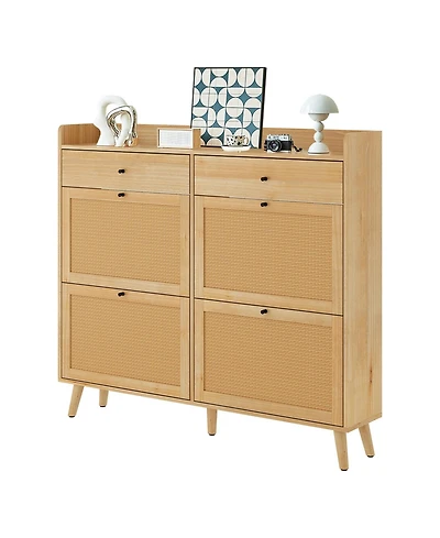 Homfan Shoe Cabinet Storage with 4 Flip Drawers, Rattan Narrow Shoe Rack Cabinet Storage for Entryway Hallway Living Room Closet