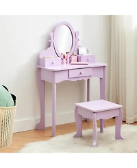 gaomon Kids Wooden Princess Vanity Set with Adjustable Mirror, Stool and Drawers