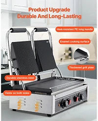 Ecooso 3600W Commercial Electric Panini Press Grill with Dual Plates and Temperature Control