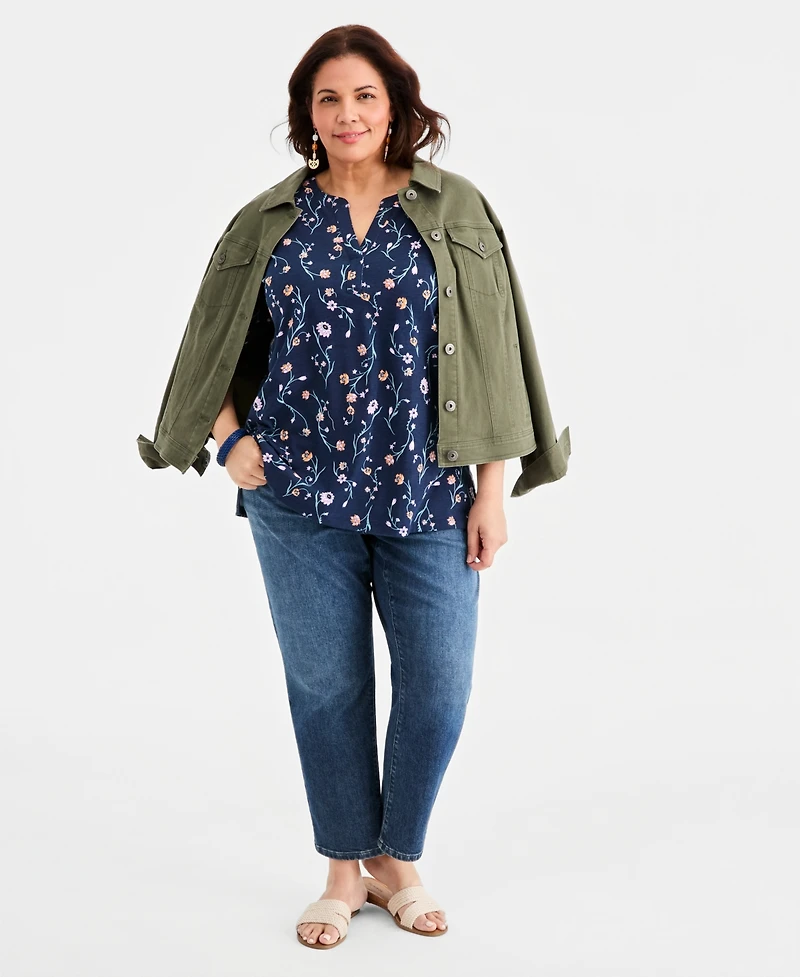 Style & Co Plus Printed Roll-Tab Split-Neck Elbow-Sleeve Tunic, Macy's Exclusive
