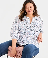 Style & Co Plus Cotton Gauze Printed 3/4-Sleeve Top, Macy's Exclusive