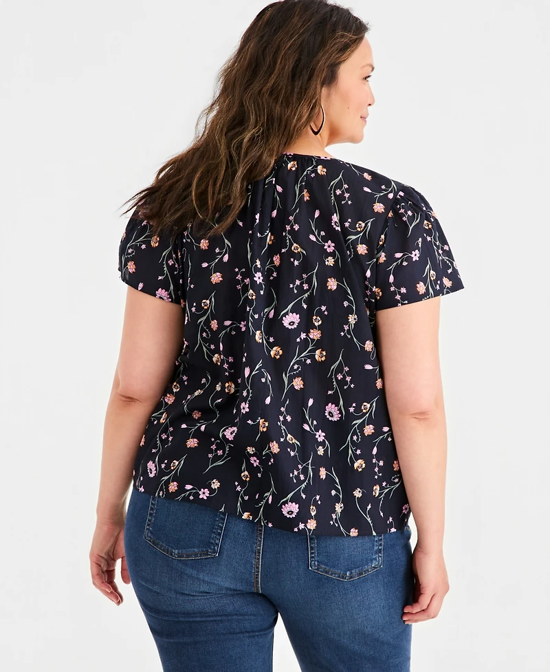 Style & Co Plus Printed Cotton Pintuck Flutter-Sleeve Top, Macy's Exclusive