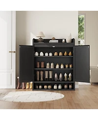 Homfan Large Capacity Rattan Shoe Cabinet with 2 Doors, Wooden Storage Organizer Adjustable Shelves, Boho Style