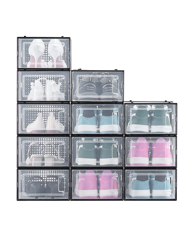 Rainsken Stackable Shoe Storage Boxes Fit Size 11, 12-Pack Plastic Shoe Organizers, Sneaker Display Containers Bins for Closet, Under Bed, Entryway