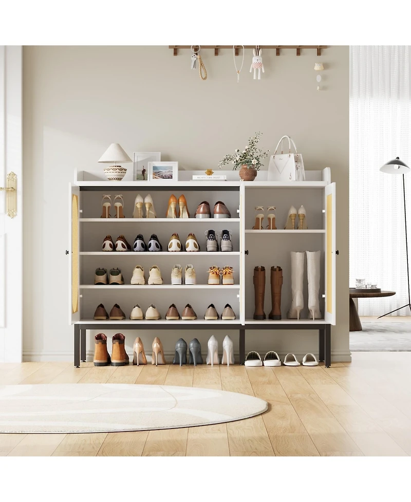 Homfan Rattan Large Shoe Cabinet with 3 Doors, 30 Pairs Boho Farmhouse Shoe Storage Cabinet with Adjustable Shelves for Entryway, Hallway, Living Room