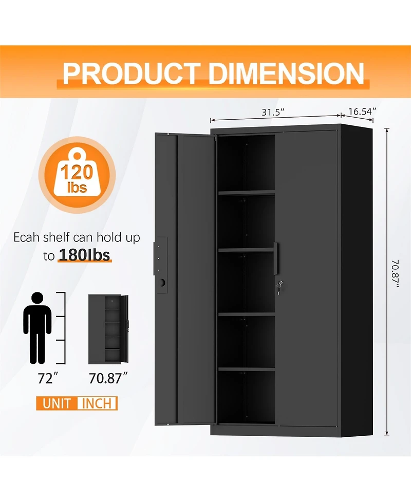 70-Inch 2-Door File Lock Cabinet with 4 Adjustable Shelves