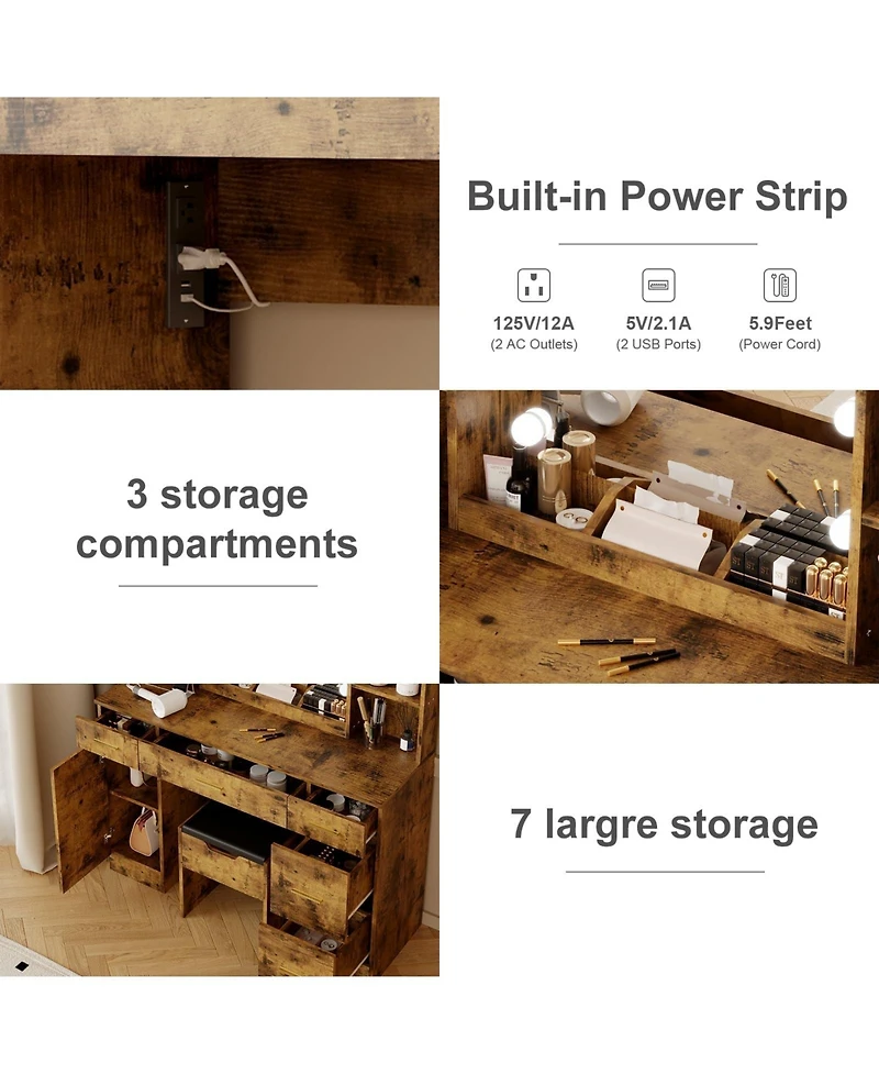 gaomon Farmhouse Makeup Vanity Set with Lighted Mirror, Shelves and Charging Station