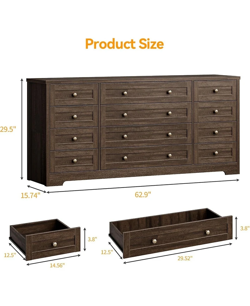 gaomon 12 Drawers Wood Dressers for Bedroom, 63" Long Wooden Dresser Living Room, Hallway, 16" Wide Tv Stand 65 Inch Tv, Sol