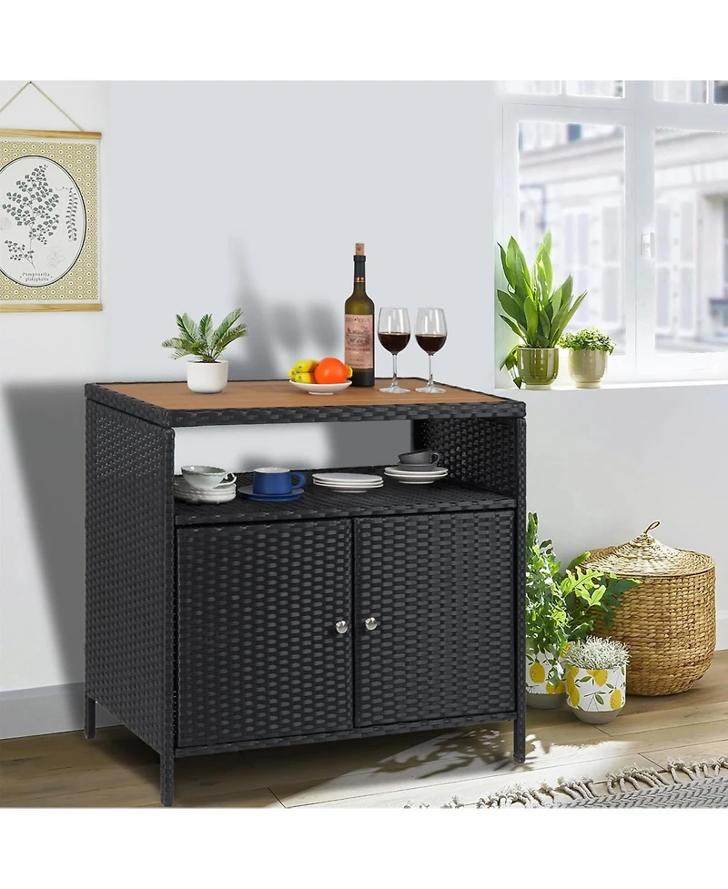 gaomon Patio Outdoor Wicker Storage Cabinet with Shelf,Powder Coated Steel,Patio Bar Table 2-Door and Shelf,All Weather Resin