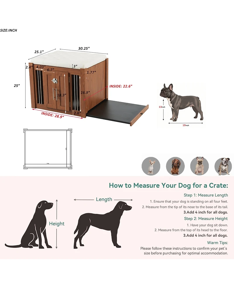 Aostirmotor Walnut Luxury Dog Crate Side Table with Storage Ottoman and Removable Cushion