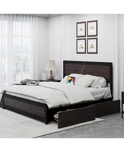 gaomon Metal Platform Bed Frame with Headboard, 4 Storage Drawers & Charging Station, Strong Slat Support