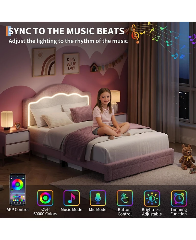 gaomon Kids Bed Frame with Led Headboard, Sherpa Upholstered Platform Bed with Storage Drawer, Wooden Slats, Easy Assembly