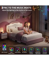 gaomon Kids Bed Frame with Led Headboard, Sherpa Upholstered Platform Bed with Storage Drawer, Wooden Slats, Easy Assembly