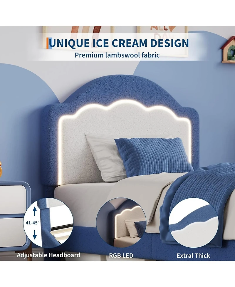 gaomon Twin Kids Upholstered Bed with Led Headboard, Plush Sherpa Fabric, Wooden Slats Support