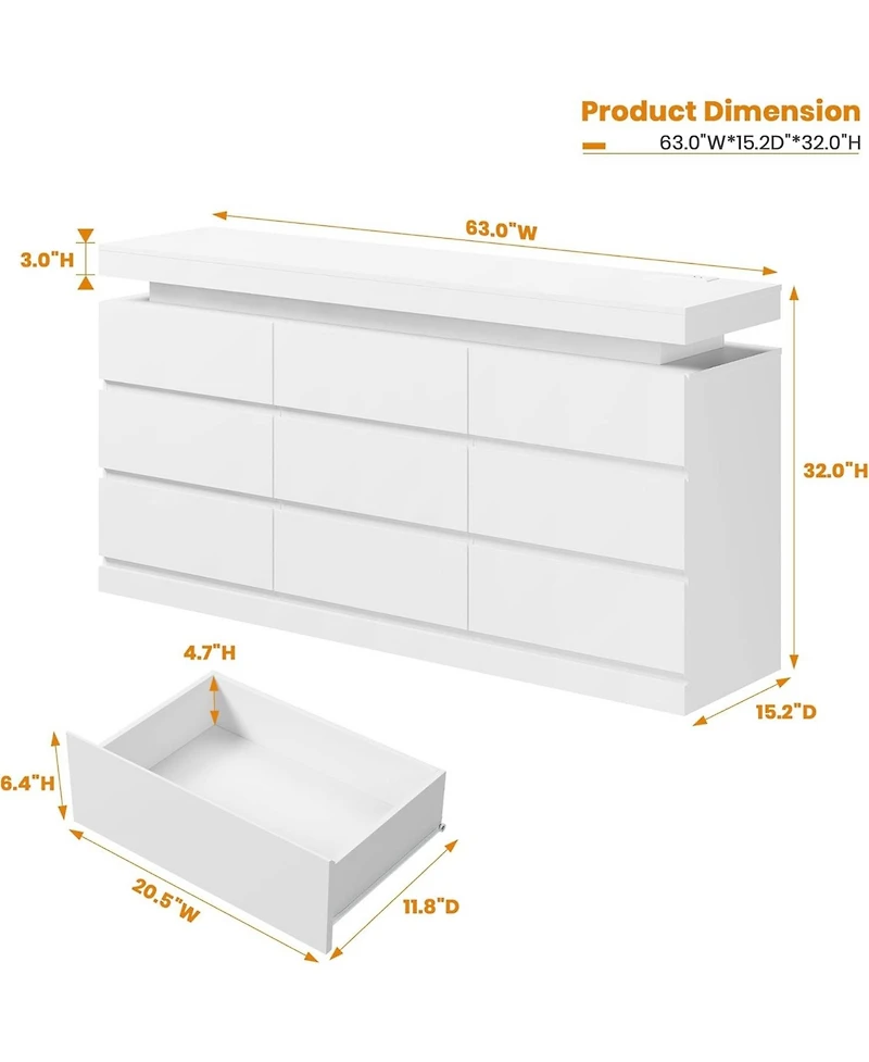 gaomon 9-Drawer Dresser, 63" Wide Chest with Led Lights & Charging Station, Large Storage Organizer Tv Stand for Living Room, Hallway