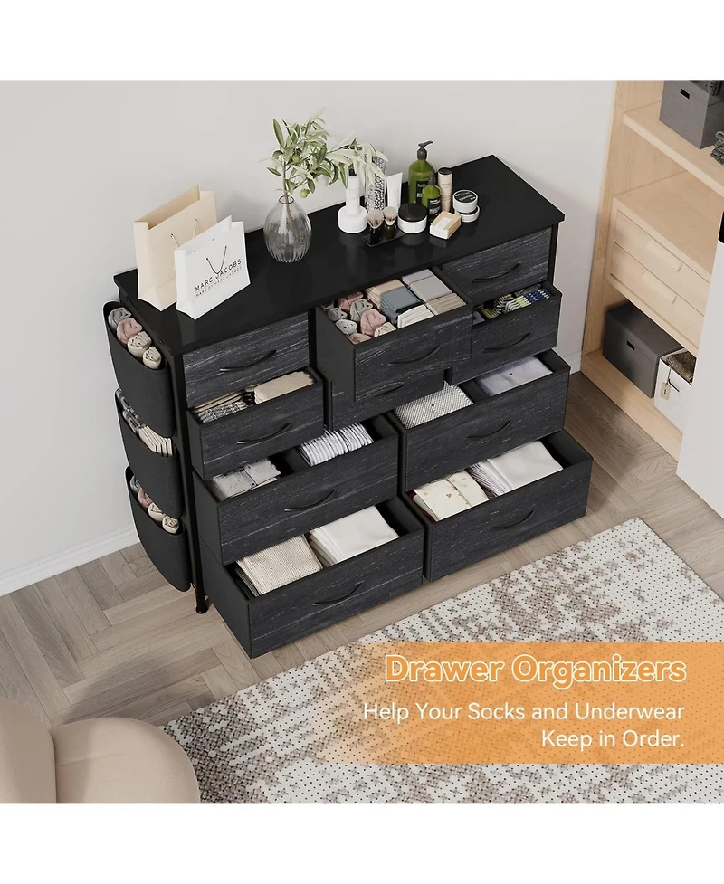 gaomon 10 Drawers Fabric Storage Drawer, Dressers & Chest of with Side Pockets, Hooks, Wood Tabletop for Closet, Living Room