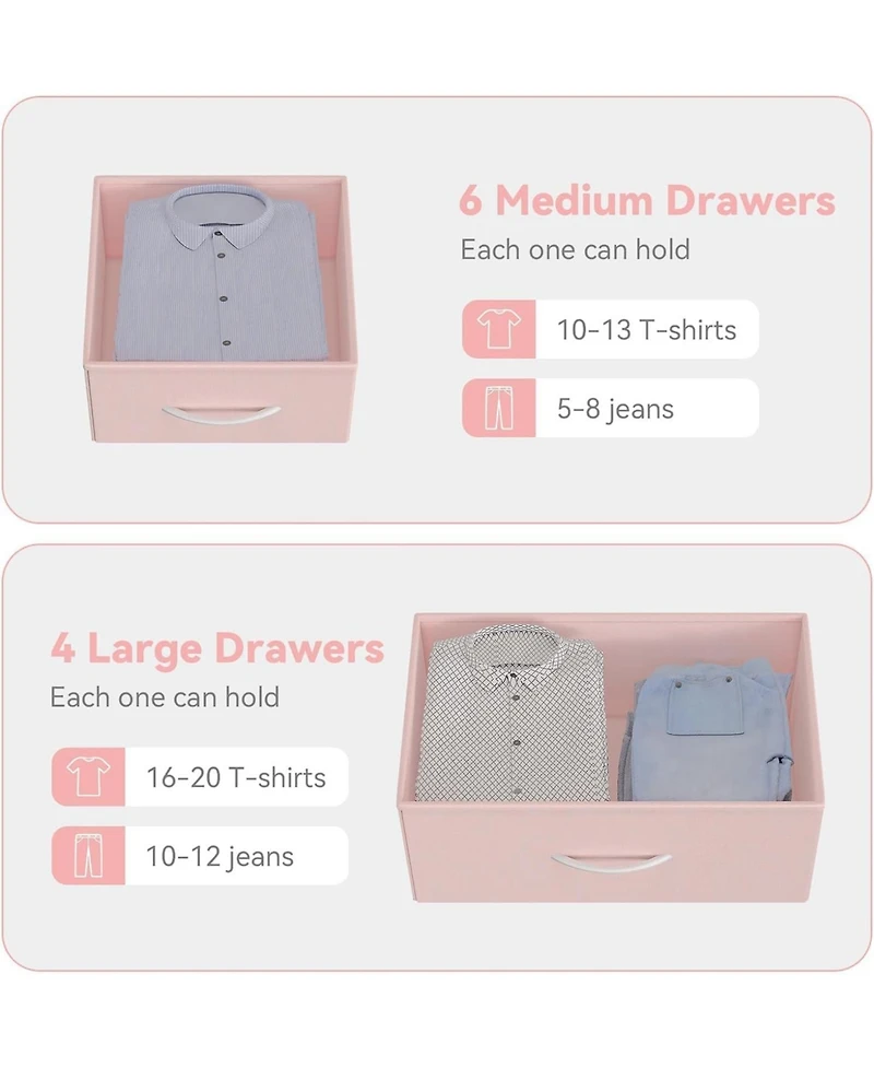 gaomon 10 Drawers Fabric Storage Drawer, Dressers & Chest of with Side Pockets, Hooks, Wood Tabletop for Closet, Living Room