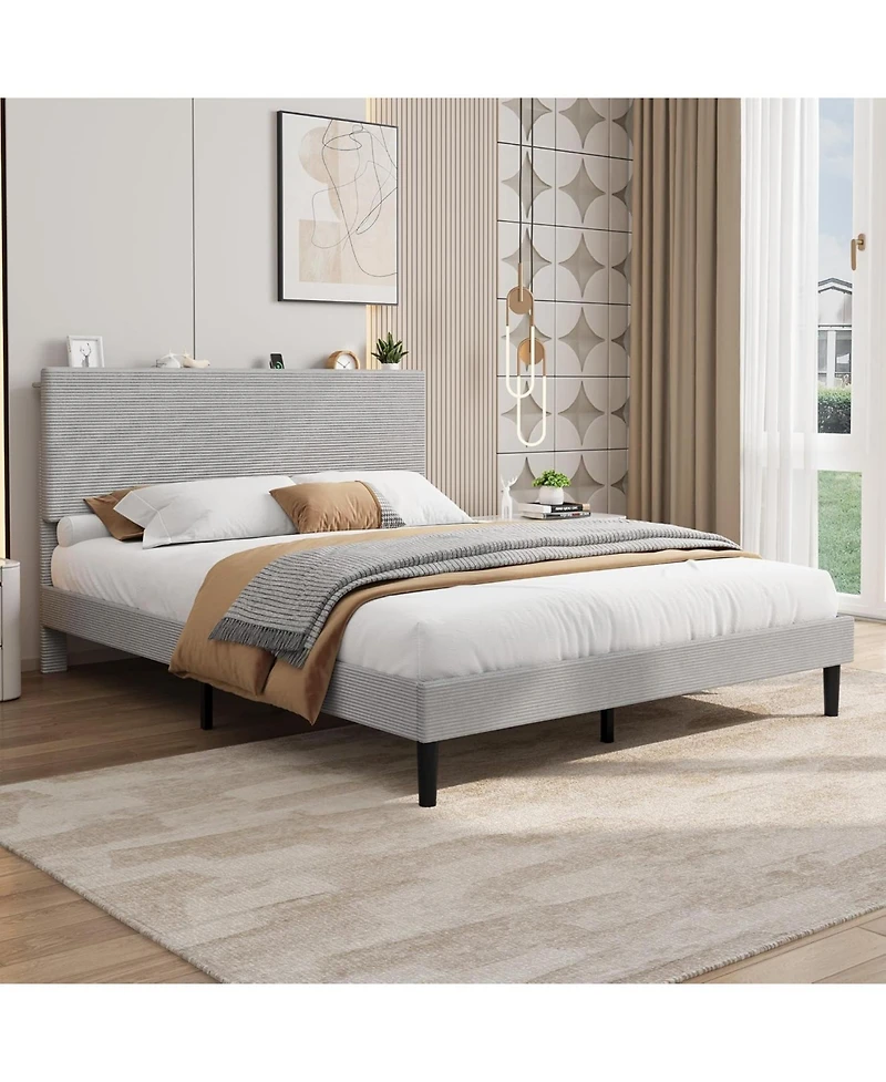 gaomon Frame with Charging Station, Corduroy Upholstered Platform Bed with Headboard Shelf, Wooden Slats, Noise Free, Easy Assembly