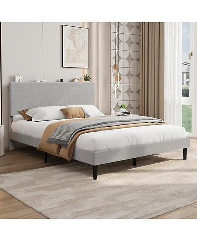 gaomon Frame with Charging Station, Corduroy Upholstered Platform Bed with Headboard Shelf, Wooden Slats, Noise Free, Easy Assembly